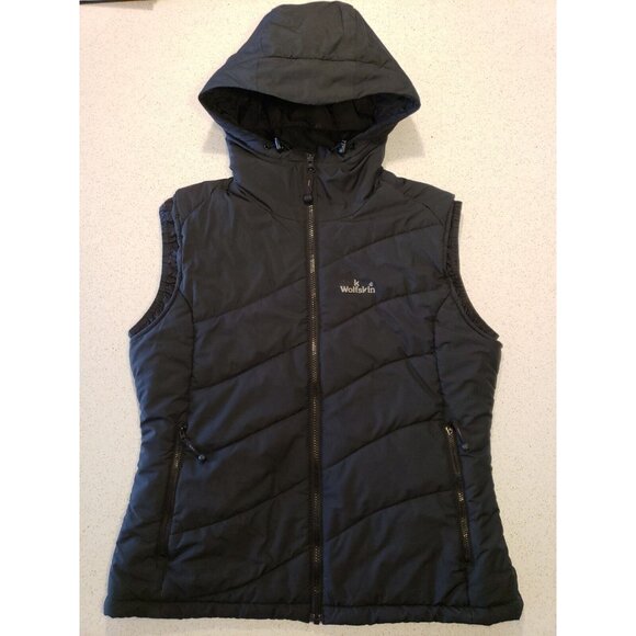 Jack Wolfskin Puffer Vest Womens L Black Hooded Sleeveless Jacket Microguard - Picture 5 of 15